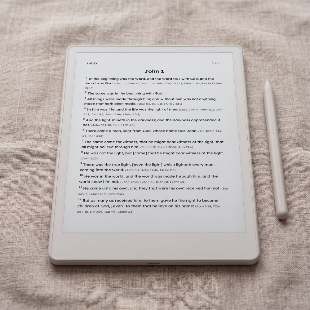 The American Standard Version, accessible edition lexend edition at John 1, on an e-ink tablet
