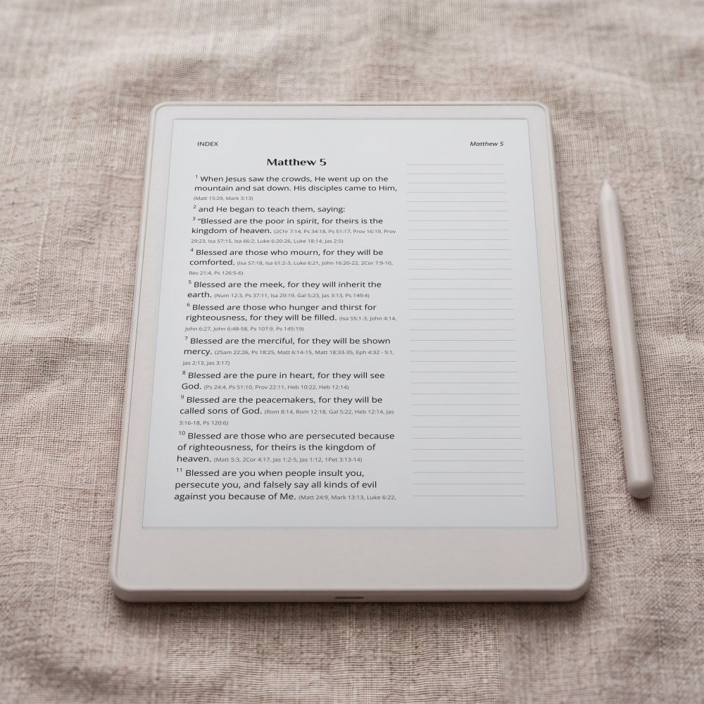 The Berean Standard Bible journaling edition at Matthew 5, on an e-ink tablet