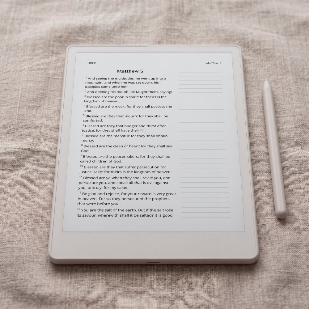 The Douay-Rheims journaling edition at Matthew 5, on an e-ink tablet