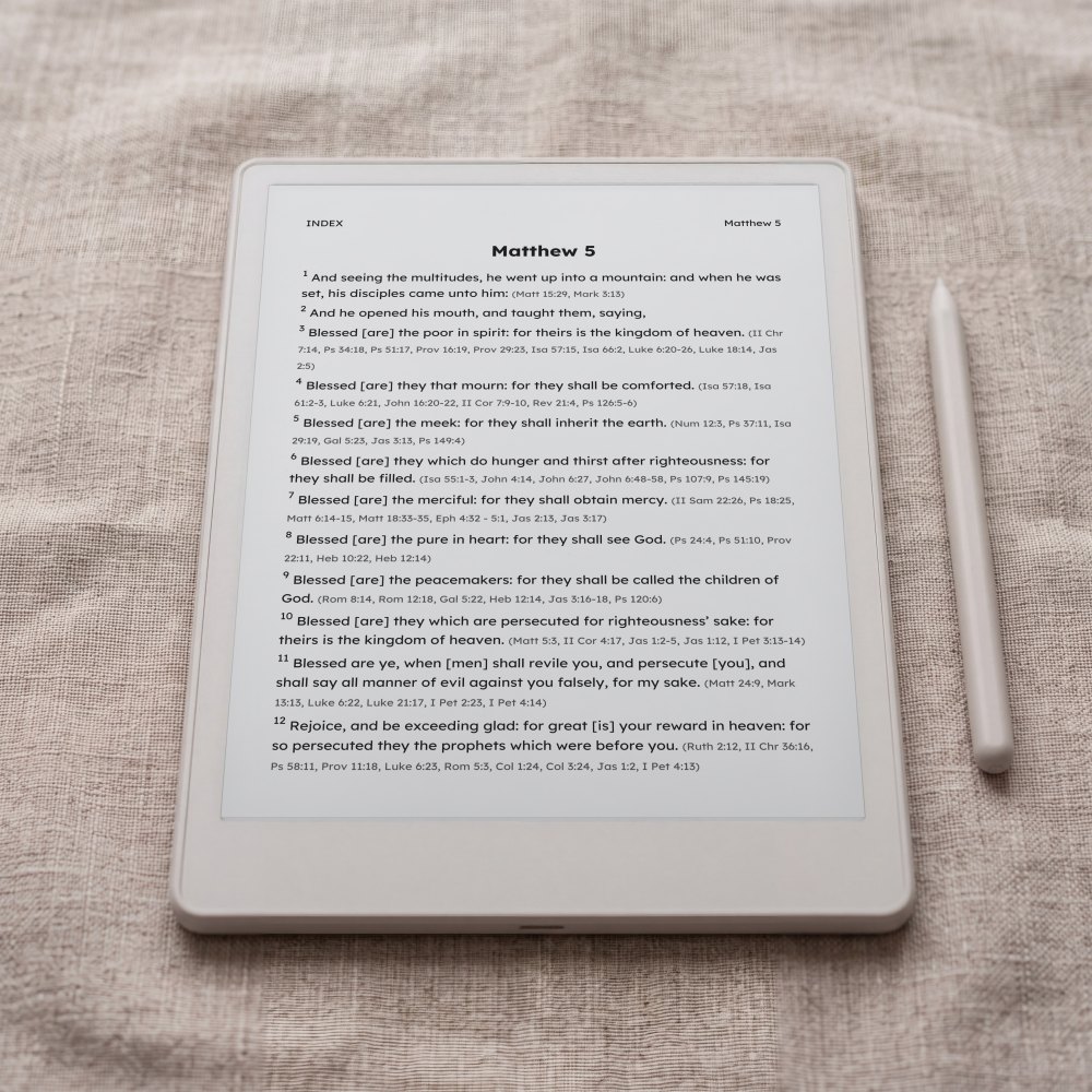 The King James Version, accessible edition lexend edition at Matthew 5, on an e-ink tablet
