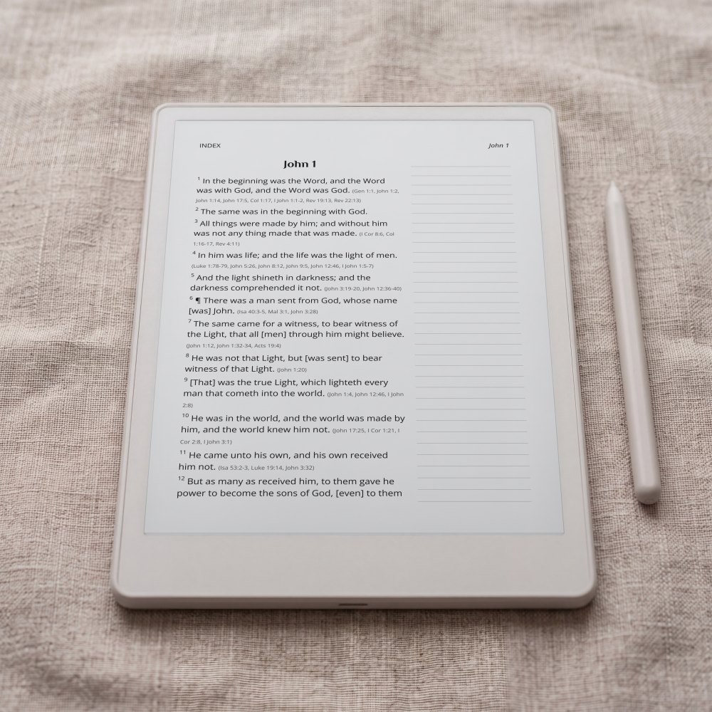 The King James Version journaling edition at John 1, on an e-ink tablet
