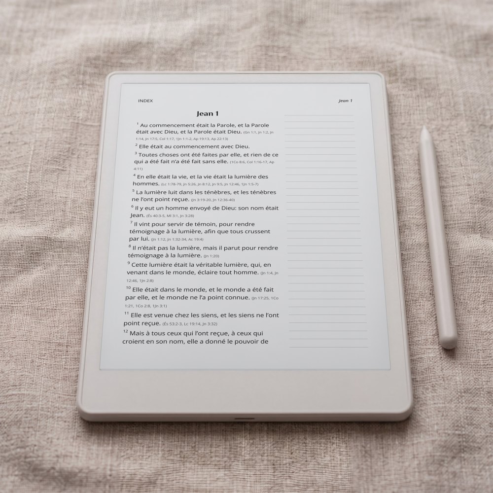 The Louis Segond journaling edition at John 1, on an e-ink tablet
