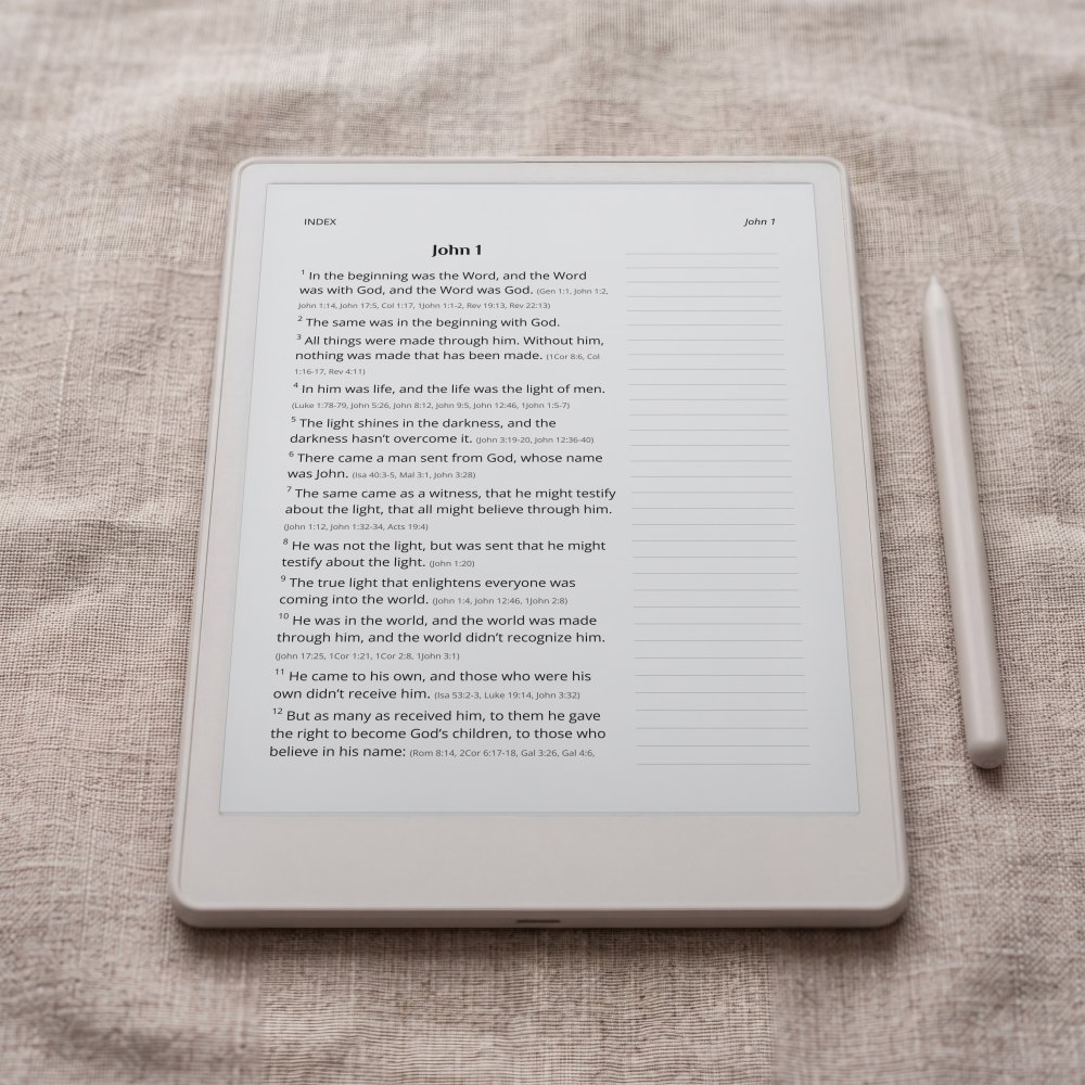 The World English Bible journaling edition at John 1, on an e-ink tablet