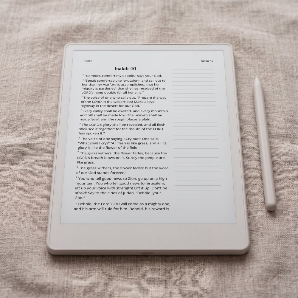 The World English Bible, Catholic Edition journaling edition at Isaiah 40, on an e-ink tablet